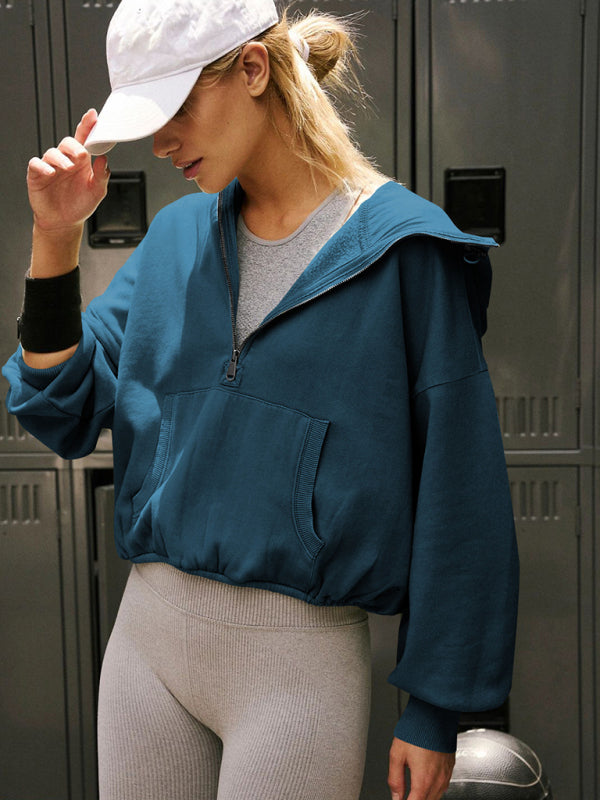 Athletic hoodie drawstring long sleeve top half zip